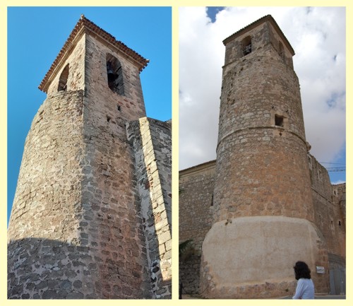 Reutilizaci�n de torres defensivas como campanarios.A la izda. Iglesia de San Bartolom� de Bienservida. A la derecha Castillo de Garcimu�oz, Cuenca (foto:Wikipedia.org).